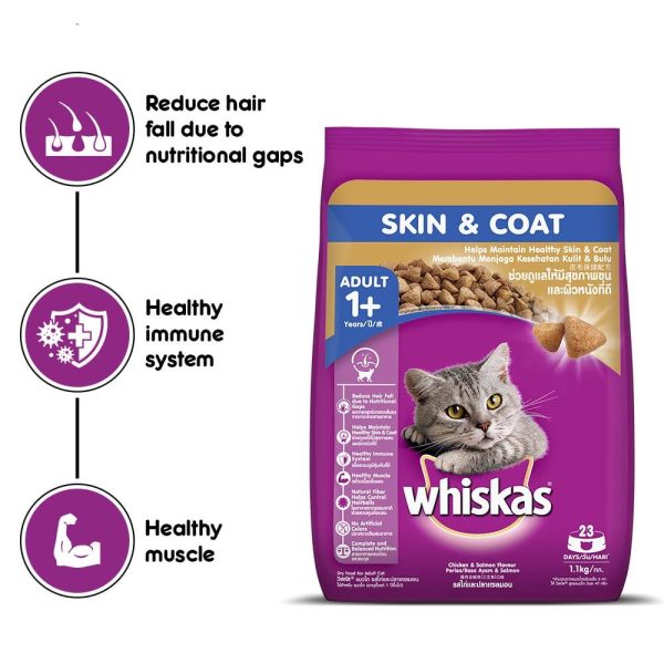 Whiskas Skin & Coat Chicken & Salmon Adult Dry Cat Food 1.1kg Hot on Sale